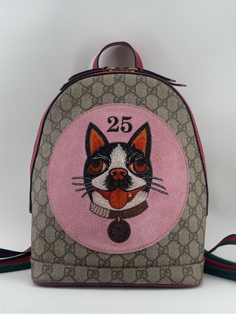 Gucci Beige GG Supreme Backpack with Pink Cat Patch